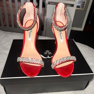 Nina Red Satin Heels with Sparkling Rhinestones